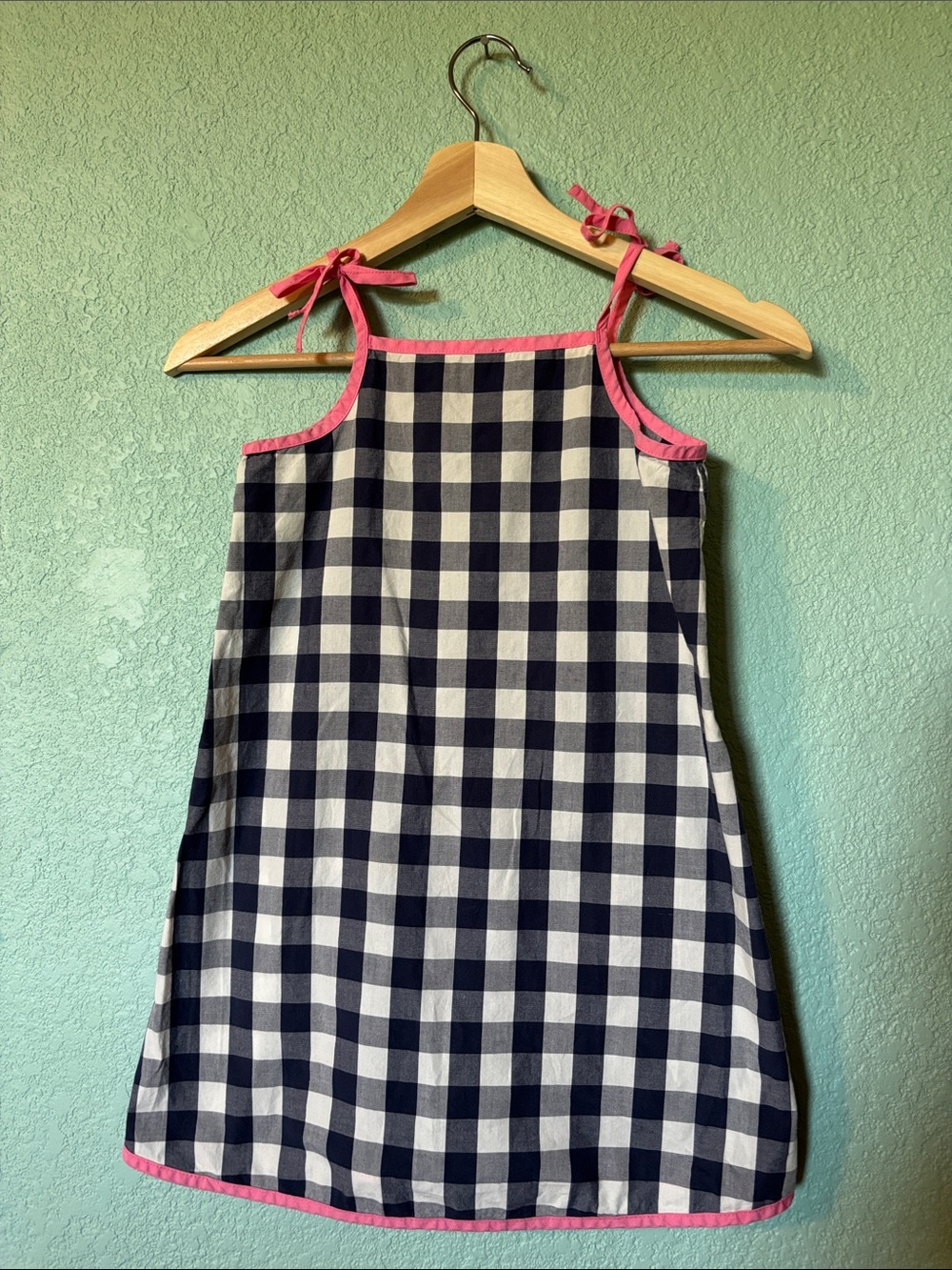 Hanna Andersson Girls Navy & White Gingham Tie-Strap Dress, Pink Trim, 3T - good